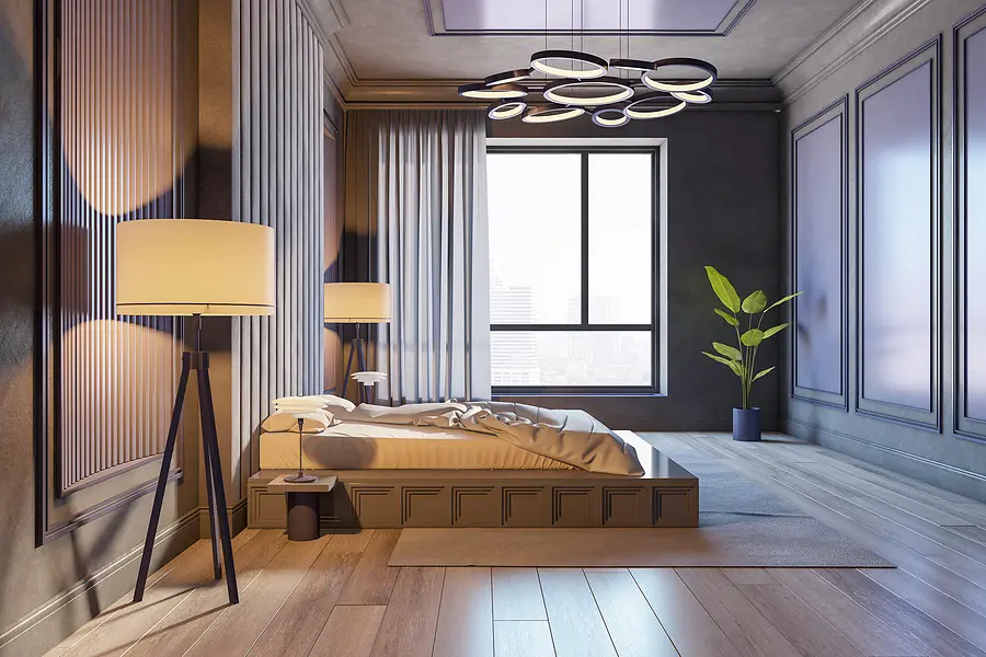 Side view on stylish bedroom with foggy city view from big window, modern chandelier, dark decorated walls and comfortable floor bed between vintage torchers on wooden floor. 3D rendering